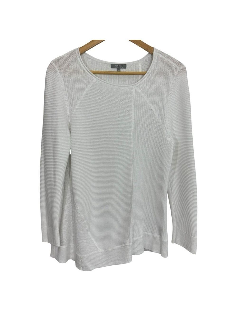 Habitat 100% Cotton Knit Sweater Sz S White Ribbed Scoop Neck Asymmetrical Hem